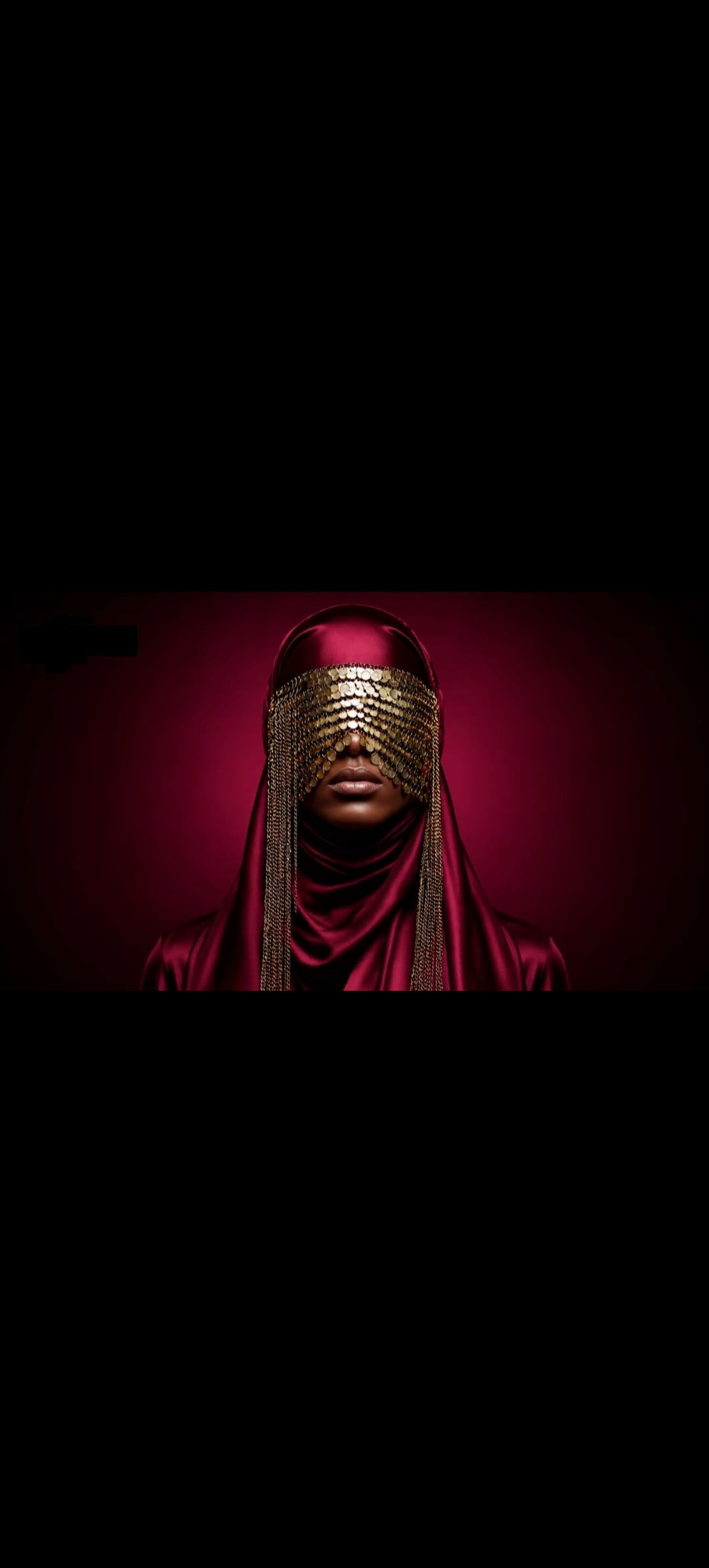A figure draped in flowing crimson silk with an ornate gold coin veil